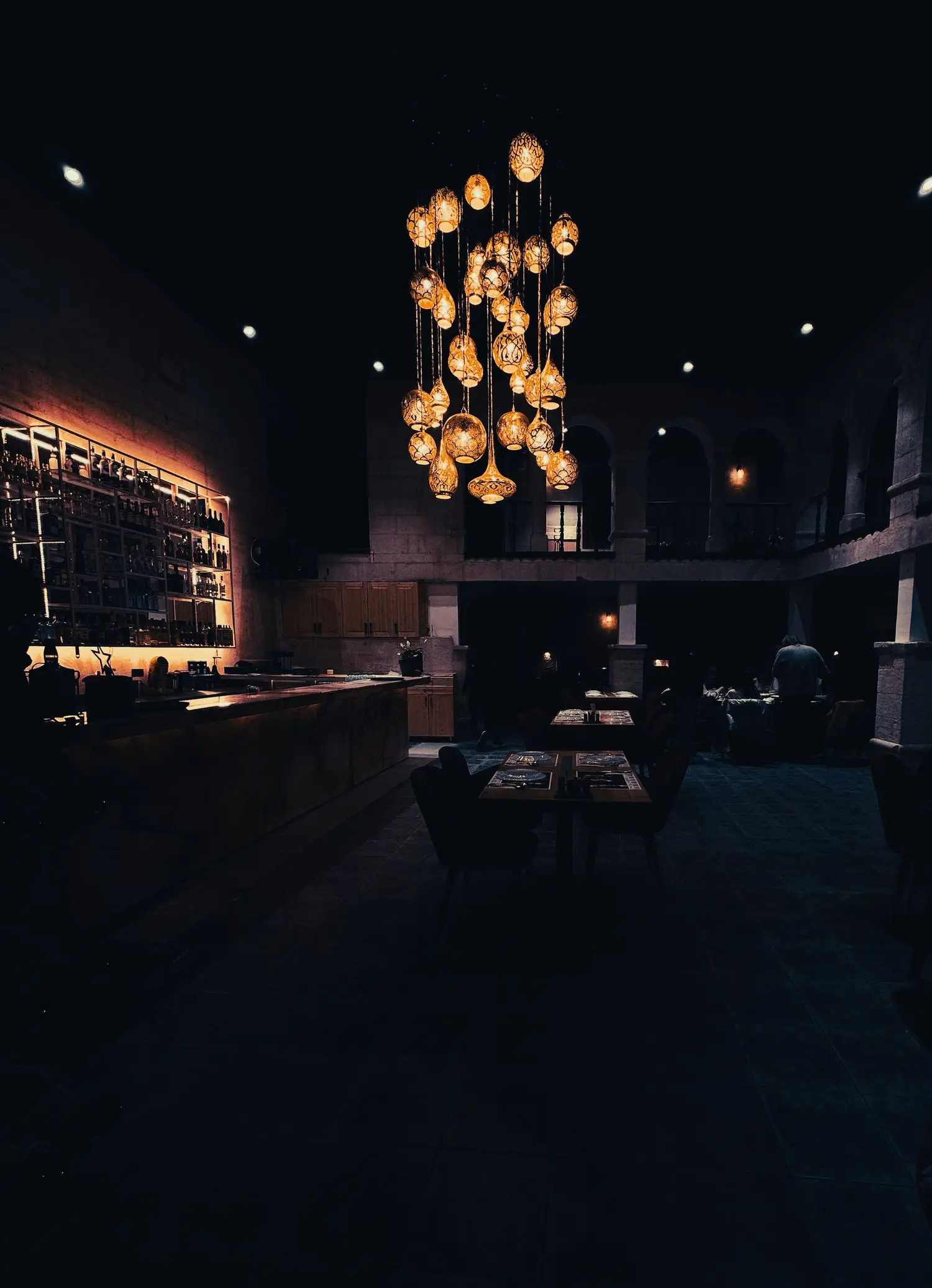 Elegant restaurant interior with warm evening lighting